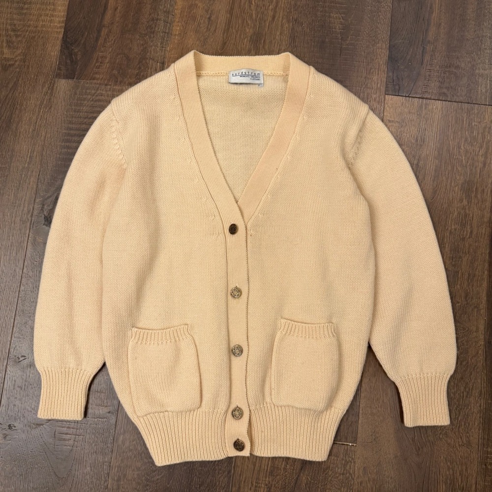 70s 80s Nordstrom Cardigan Sweater Womens Cream Gold Knit Crest Button Preppy L